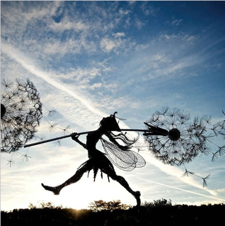 Metal Fairy Garden Sculpture - Dancing Elves with Dandelions